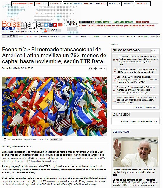 Economa.- El mercado transaccional de Amrica Latina moviliza un 26% menos de capital hasta noviembre, segn TTR Data